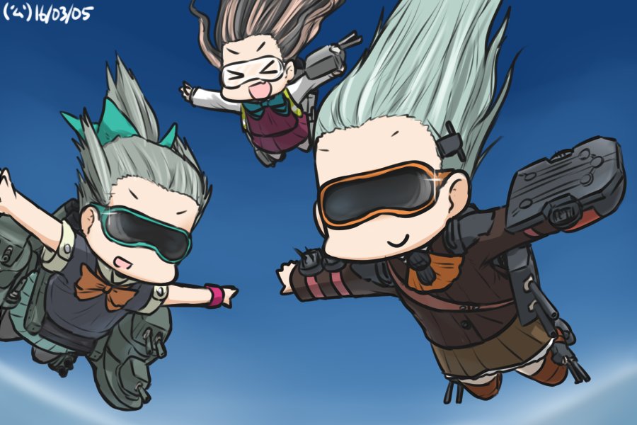 &gt;_&lt; 10s 3girls :d ascot black_hair blue_sky bow cannon closed_eyes commentary dated day falling fang flight_deck freefall goggles grey_hair hair_bow hamu_koutarou kantai_collection long_hair multicolored_hair multiple_girls naganami_(kancolle) open_mouth outstretched_arms pink_hair pleated_skirt ponytail ribbon school_uniform serafuku short_sleeves skirt sky skydive smile sparkle split_mouth spread_arms suzuya_(kancolle) thighhighs v-shaped_eyebrows xd yuubari_(kancolle)