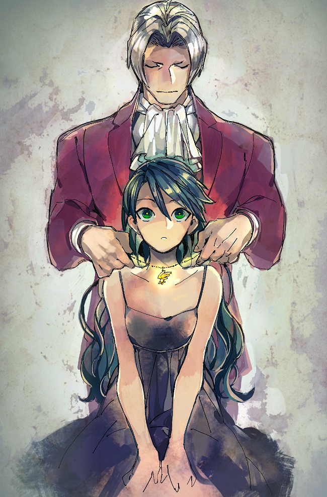 1boy 1girl ace_attorney black_hair closed_eyes formal_clothes green_eyes kay_faraday long_hair miles_edgeworth oimochan white_hair