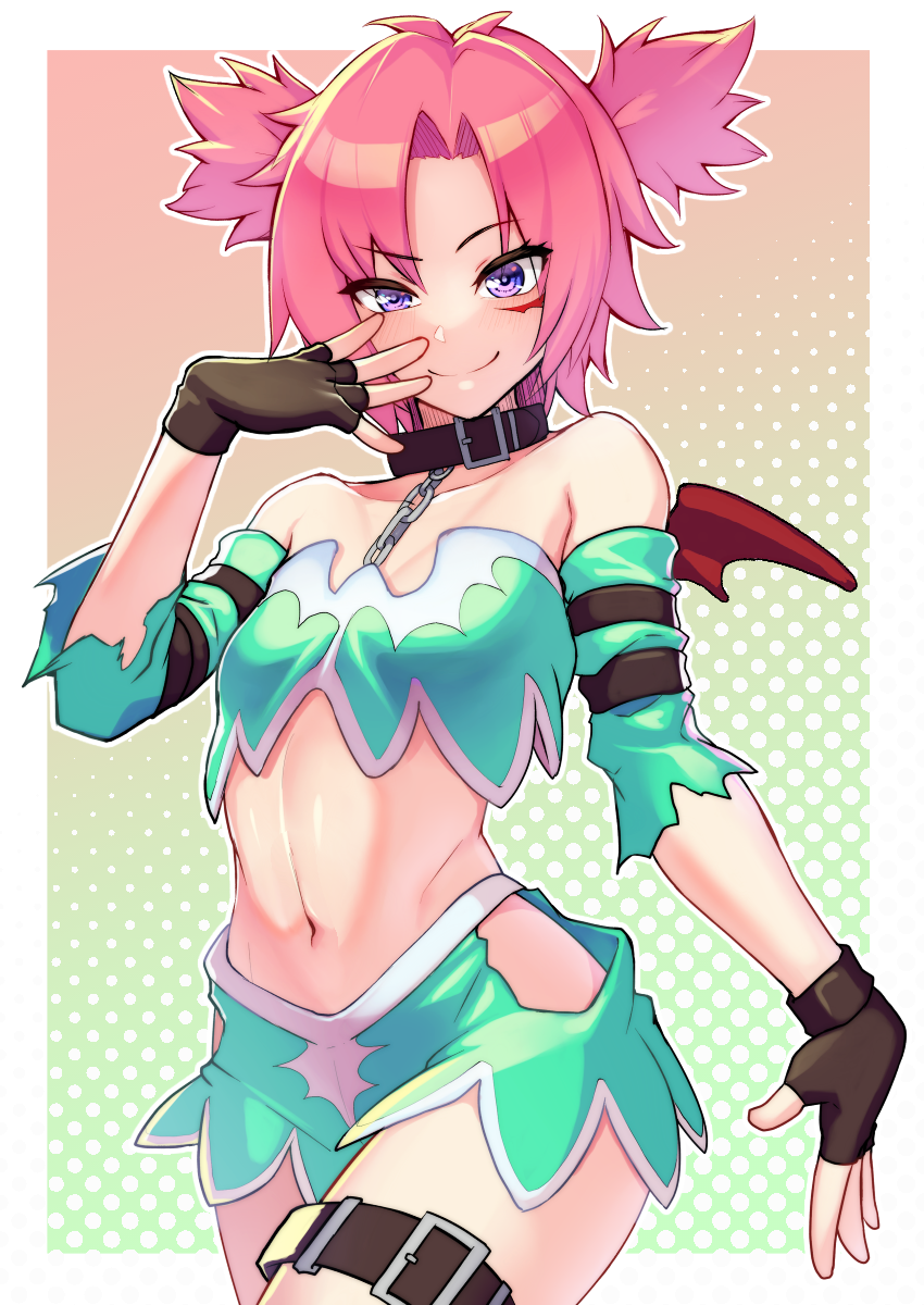 1girl bare_shoulders bat_wings border breasts brown_gloves chain collar collarbone cowboy_shot crop_top detached_sleeves eyes_visible_through_hair eyeshadow fake_wings fingerless_gloves gloves gradient_background green_background green_shorts highres kupala looking_at_viewer makeup messy_hair midriff navel pink_background pink_hair purple_eyes short_hair shorts small_breasts solo succubus_manabe two_side_up white_border wings wrestle_angels wrestle_angels_survivor wrestle_angels_survivor_2 wrestling_outfit
