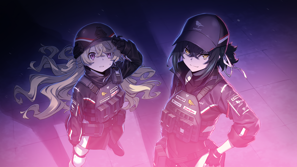 belt blonde_hair counter:side felicette_(counter:side) green_hair laika_(counter:side) utility_belt utility_vest vest yellow_eyes