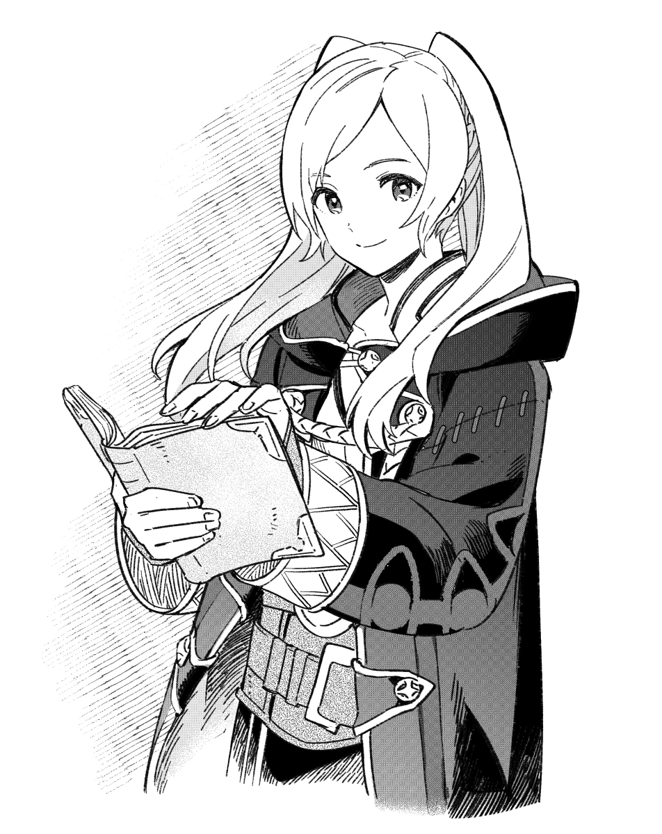 1girl book closed_mouth coat commentary_request female_robin_(fire_emblem) fire_emblem fire_emblem_awakening greyscale highres holding holding_book kitano_ririo long_hair long_sleeves looking_at_viewer monochrome nintendo open_book smile solo twintails upper_body wide_sleeves