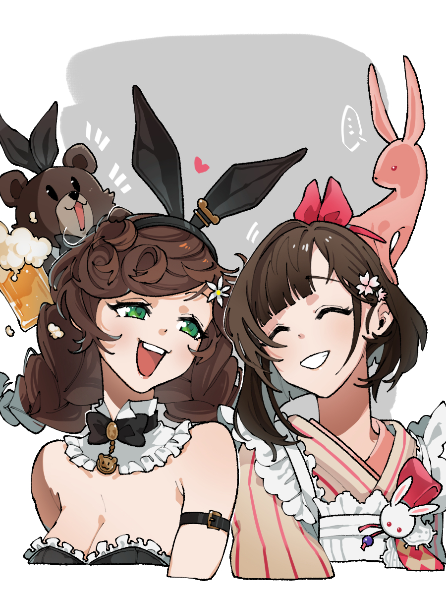 ... 2girls :d animal animal_ears animal_on_head apron arm_belt bare_shoulders bear beer_mug black_bow black_bowtie black_leotard bow bowtie braid breasts brown_hair bunny_bunny_(reverse:1999) cleavage collar cropped_torso cup detached_collar fake_animal_ears flower frilled_apron frilled_collar frills frog_hair_ornament green_eyes grey_background grin hair_bow hair_ornament highres holding holding_cup japanese_clothes kaeru_(uj26cobrsv) kimono leotard long_hair looking_at_another looking_to_the_side low_twin_braids maid medium_breasts mug multiple_girls notice_lines on_head open_mouth pink_flower playboy_bunny rabbit rabbit_ears rabbit_ornament red_bow reverse:1999 satsuki_(reverse:1999) short_hair smile spoken_ellipsis strapless strapless_leotard striped_clothes striped_kimono teeth traditional_bowtie twin_braids two-tone_background upper_body upper_teeth_only vertical-striped_clothes vertical-striped_kimono wa_maid white_apron white_background white_flower yellow_kimono