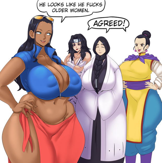 4girls areola_slip black_eyes black_hair black_kimono bleach braid breasts chi-chi_(dragon_ball) chinese_clothes cleavage collarbone company_connection covered_erect_nipples cropped_jacket curvy dragon_ball earrings eyewear_on_head female_focus forehead_protector front_braid hair_between_breasts hand_on_own_hip huge_breasts ignotoz jacket japanese_clothes jewelry kimono large_areolae large_breasts long_hair mature_female meme midriff multiple_girls naruto_(classic) naruto_(series) navel nico_robin nico_robin_(return_to_sabaody) ninja nipples no_bra one_piece open_mouth plump puffy_nipples sarong she_looks_like_she_fucks_human_men she_looks_like_she_fucks_human_men_(meme) shinigami short-sleeved_jacket short_sleeves shounen_jump shueisha simple_background smile standing stomach sunglasses sunnysundown talking thick_thighs thighs trait_connection unohana_retsu weekly_shounen_jump wide_hips yuuhi_kurenai