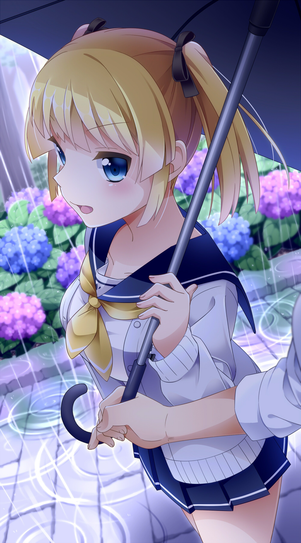 1girl battle_girl_high_school black_ribbon blonde_hair blue_eyes flower grey_sweater highres hiruma_neru hydrangea kougami_kanon long_hair looking_at_viewer neckerchief outdoors pleated_skirt rain ribbon school_uniform serafuku shared_umbrella skirt solo spring_(season) sweater twintails umbrella yellow_neckerchief