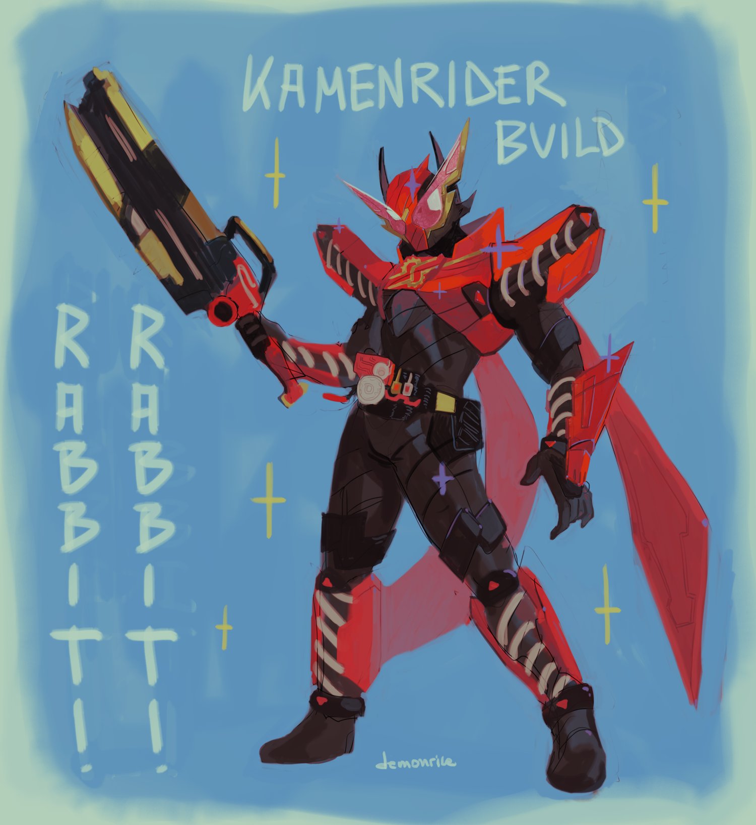 1boy armor blue_background compound_eyes demonnnrice flat_color fullbottle_buster hazard_trigger highres holding holding_sword holding_weapon kamen_rider kamen_rider_build kamen_rider_build_(series) male_focus open_hand pink_eyes rabbit rabbit+rabbit_form shoulder_armor signature sketch spring_(object) sword weapon