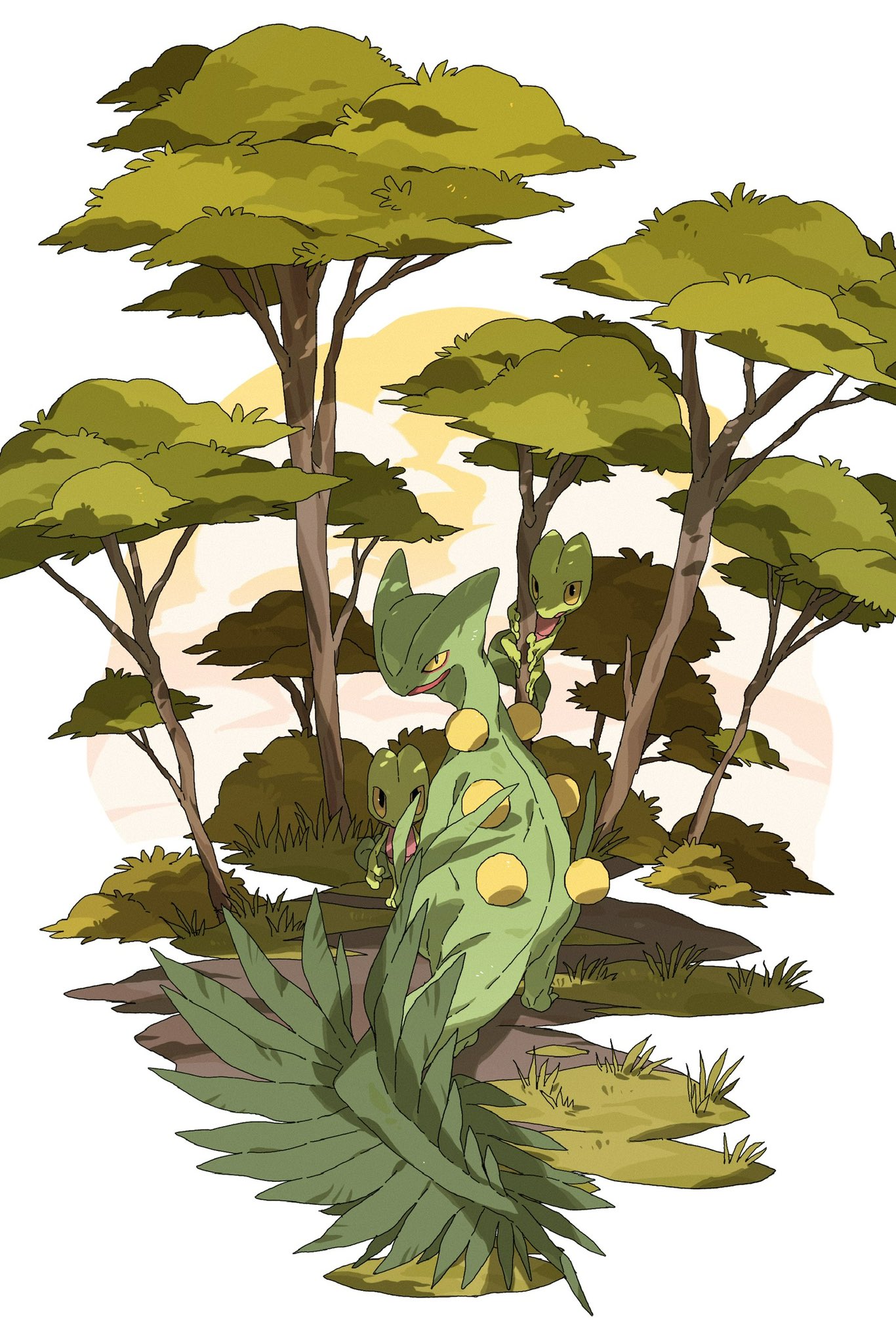 bush climbing_tree closed_mouth cloud cloudy_sky colored_sclera colored_skin commentary dappled_sunlight dusk from_behind full_body game_freak gen_3_pokemon grass green_skin highres looking_at_viewer looking_back nintendo no_humans outdoors pokemon pokemon_(creature) pokemon_focus sceptile shadow simple_background sky slit_pupils standing sunlight symbol-only_commentary tail tree treecko white_background wulie_errr yellow_sclera