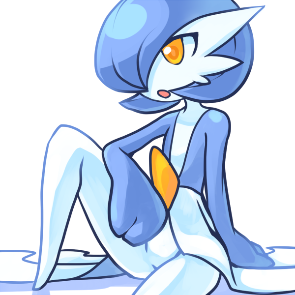 alternate_color blue_hair blue_skin bob_cut colored_skin dress gardevoir gen_3_pokemon hair_over_one_eye multicolored_skin nintendo no_feet open_mouth orange_eyes pokemon pokemon_(creature) shiny_pokemon simple_background tanpopo_hayabusa-maru two-tone_skin white_background white_dress white_skin