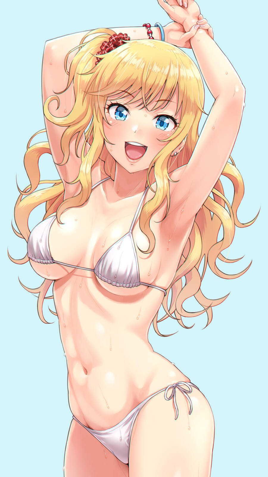1girl aqua_background armpits arms_behind_head arms_up bikini blonde_hair blue_eyes bracelet breasts earrings female_focus highres holding_own_wrist idolmaster idolmaster_cinderella_girls jewelry long_hair looking_at_viewer medium_breasts navel nigou ohtsuki_yui one_side_up open_mouth scrunchie side-tie_bikini_bottom simple_background smile solo sweat swimsuit white_bikini