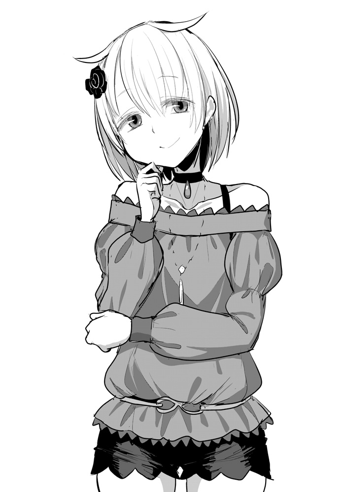 1girl azusa_mifuyu bare_shoulders closed_mouth cowboy_shot greyscale hair_horns hand_on_own_chin hand_on_own_elbow hand_up ken_(koala) long_sleeves looking_at_viewer magia_record:_mahou_shoujo_madoka_magica_gaiden mahou_shoujo_madoka_magica monochrome off-shoulder_sweater off_shoulder short_hair shorts simple_background smile solo standing sweater white_background