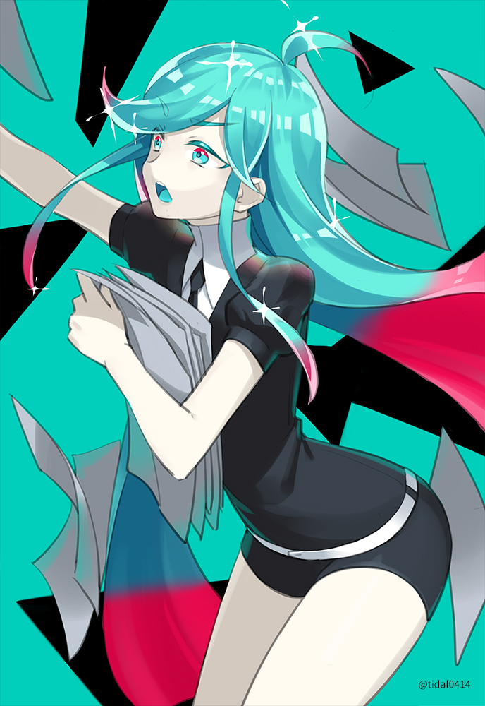 1other ahoge alexandrite_(houseki_no_kuni) androgynous aqua_background aqua_eyes aqua_hair colored_eyelashes gem_uniform_(houseki_no_kuni) gradient_hair green_eyes green_hair houseki_no_kuni long_hair multicolored_eyes multicolored_hair nashi_(tidal0414) necktie paper red_hair shorts solo sparkle