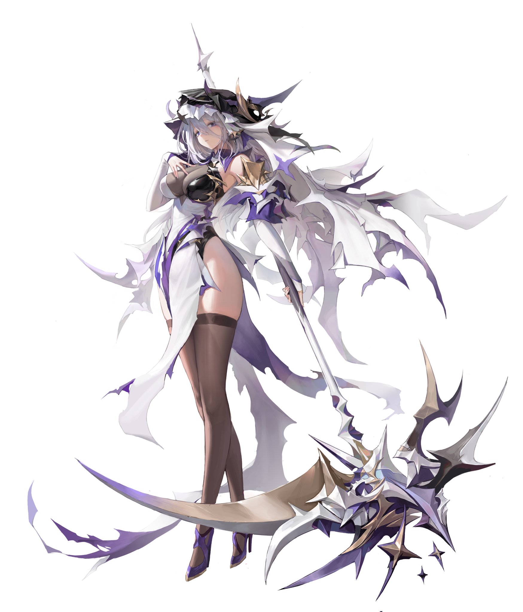 1girl bare_shoulders black_thighhighs breasts bridal_gauntlets brown_thighhighs cleavage detached_sleeves dress earrings elbow_gloves fingerless_gloves full_body gloves gonduming grey_hair hair_between_eyes hand_on_own_chest high_heels highres holding holding_scythe holding_weapon jewelry large_breasts leotard long_hair looking_at_viewer original pelvic_curtain purple_eyes purple_hair scythe simple_background skindentation solo standing thighhighs thighs torn_clothes transparent_background veil weapon white_background white_dress