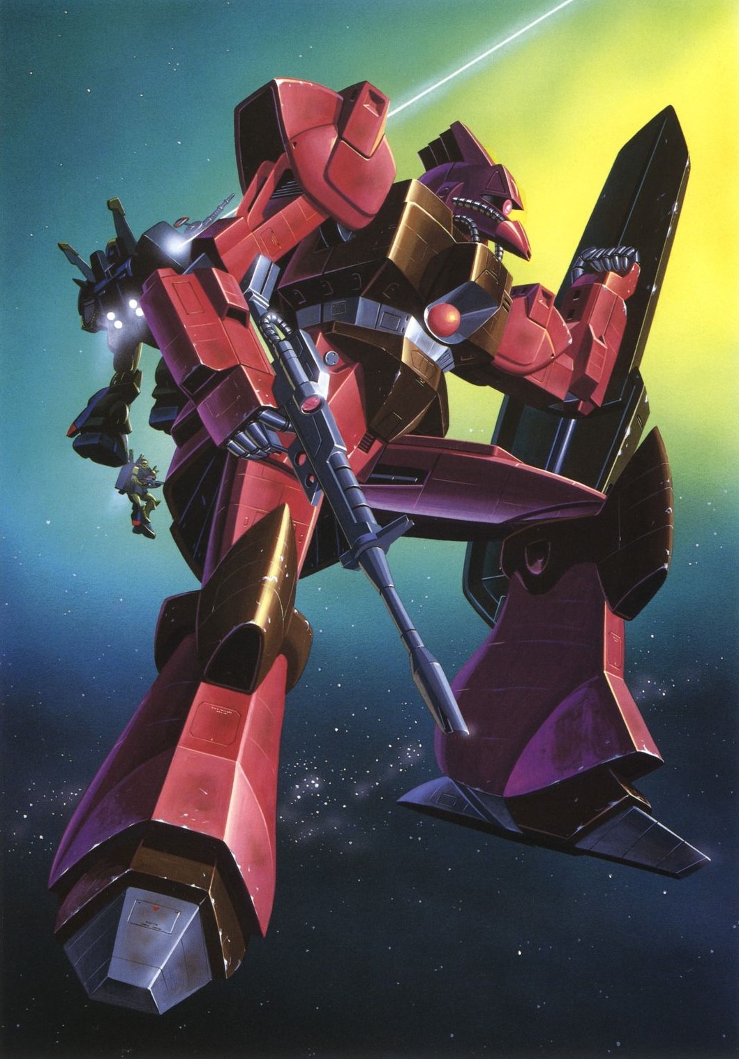 firing galbaldy_beta gun gundam highres hizack ishibashi_kenichi mecha no_humans official_art robot shield space weapon zeta_gundam