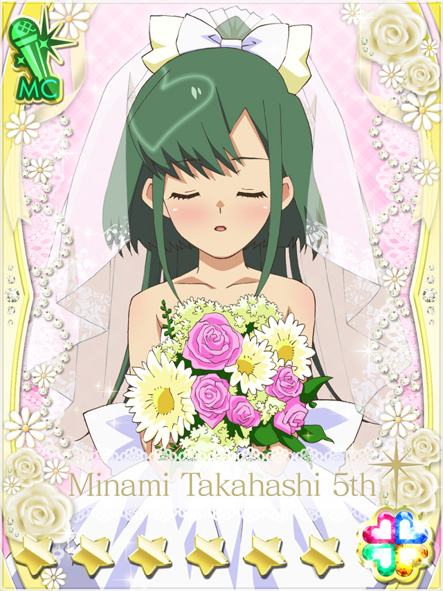 1girl akb0048 blush bouquet bow bridal_veil card_(medium) character_name closed_eyes collarbone cowboy_shot dress flower green_hair hair_bow heart high_ponytail holding holding_bouquet long_hair non-web_source official_art parted_lips pink_background pink_flower pink_rose ponytail rose solo sparkle standing star_(symbol) strapless strapless_dress takahashi_minami_(akb0048) u_u veil wedding_dress white_bow white_dress white_flower white_rose