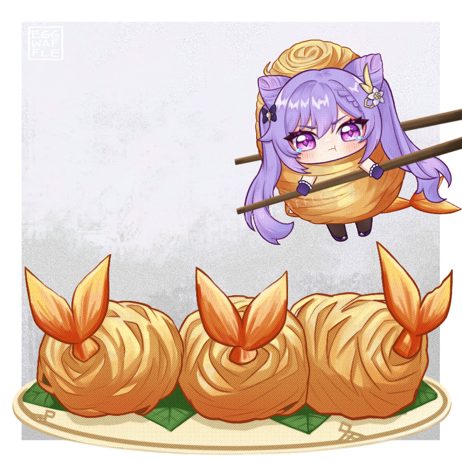 1girl :t blush chibi chopsticks cone_hair_bun food genshin_impact gloves golden_shrimp_balls_(genshin_impact) hair_bun keqing_(genshin_impact) kwek_kwek long_hair mini_person minigirl purple_eyes purple_gloves purple_hair tears twintails very_long_hair