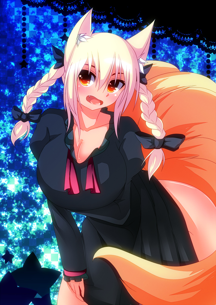 1girl animal_ears blonde_hair braid breast_hold breasts cleavage cosplay dress female_focus fox_ears fox_tail green_dress kaenbyou_rin kaenbyou_rin_(cosplay) large_breasts long_sleeves merry_(diameri) open_mouth short_hair solo tail touhou twin_braids yakumo_ran yellow_eyes