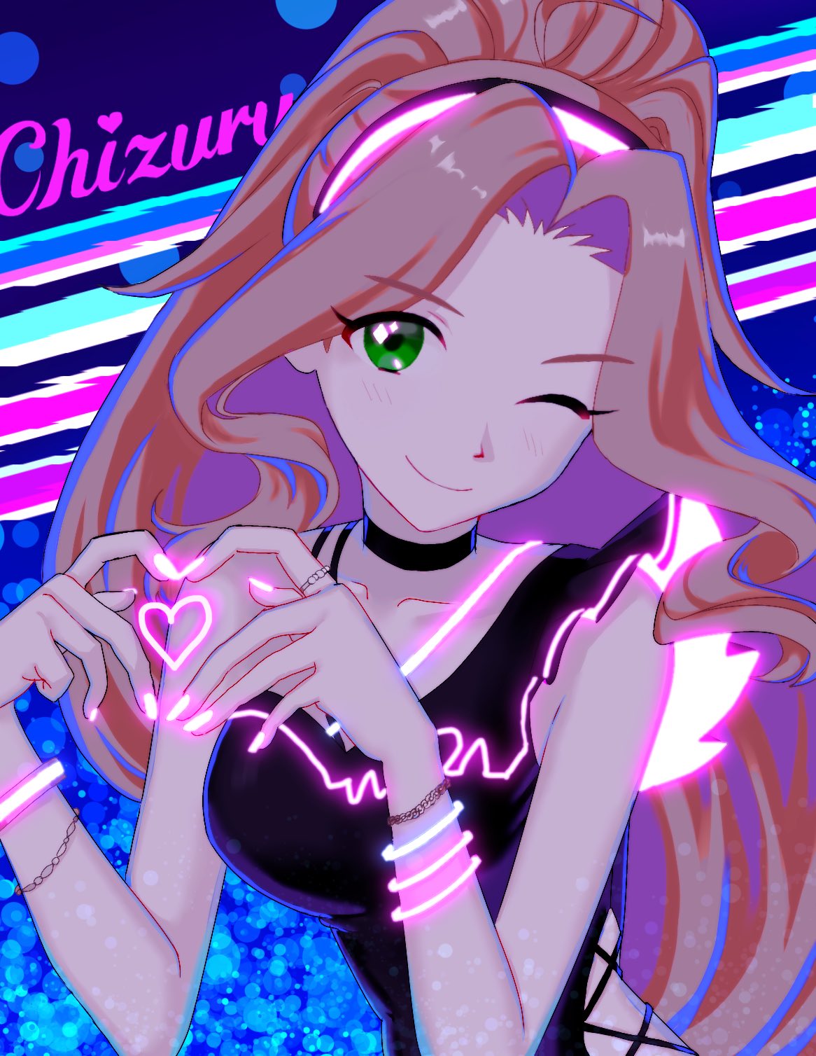 1girl four-finger_heart_hands bare_arms black_choker black_one-piece_swimsuit blue_background bracelet brown_hair character_name choker collarbone curtained_hair eyelashes frilled_one-piece_swimsuit frills glowing_nails green_eyes heart heart_hands highres idolmaster idolmaster_million_live! idolmaster_million_live!_theater_days jewelry light_blush neon_lights neon_trim nikaido_chizuru one-piece_swimsuit one_eye_closed pink_nails ponytail puruchamu ring single_bare_shoulder smile star_(symbol) star_in_eye swimsuit symbol_in_eye upper_body wristband