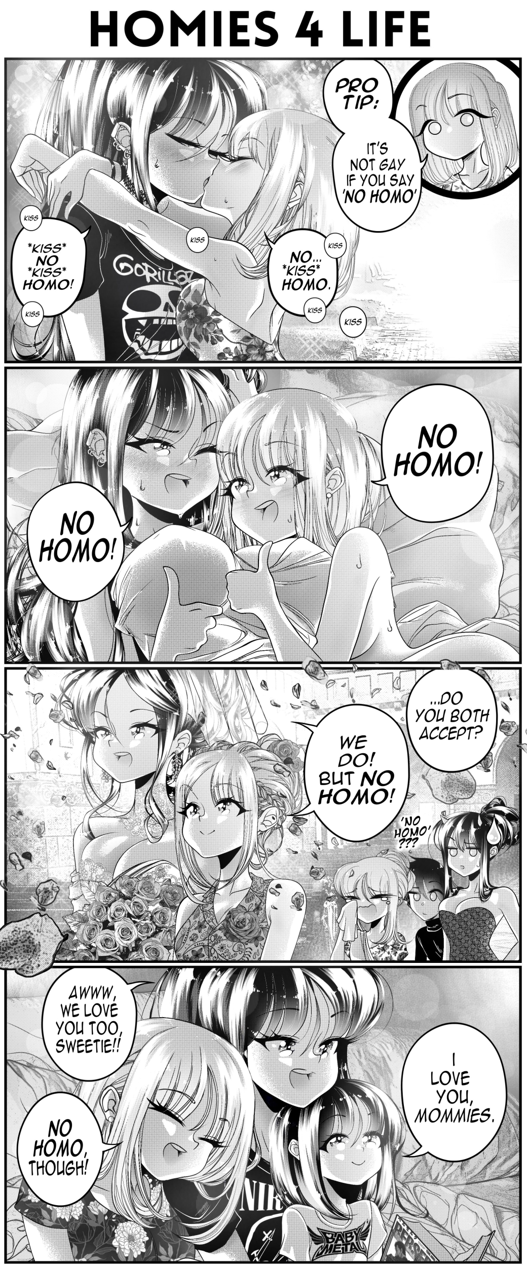 1boy 4koma 5girls absurdres aftersex babymetal band_shirt bed berserk blanket blush breasts comic confused couple crying dress english_text family french_kiss gorillaz grs- height_difference highres ips_cells kiss large_breasts manga_(object) meme merchandise mother_and_daughter multiple_girls nirvana_(band) no_homo_(meme) original pillow right-to-left_comic shirt sharon_(grs-) speech_bubble sweatdrop t-shirt talia_(grs-) thumbs_up truth wedding_dress wife_and_wife yuri