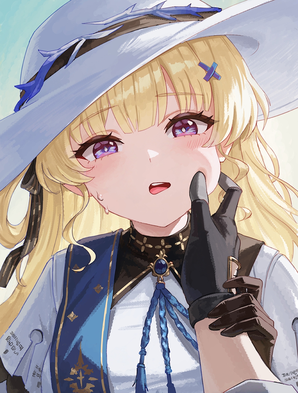 1boy 1girl black_ribbon blonde_hair cheek_pinching commentary cross_hair_ornament ddcc0123 hair_ornament hair_ribbon hat highres long_hair looking_at_viewer male_rover_(wuthering_waves) open_mouth phoebe_(wuthering_waves) pinching ribbon rover_(wuthering_waves) shirt solo_focus sweat teeth upper_body upper_teeth_only white_hat white_shirt wuthering_waves
