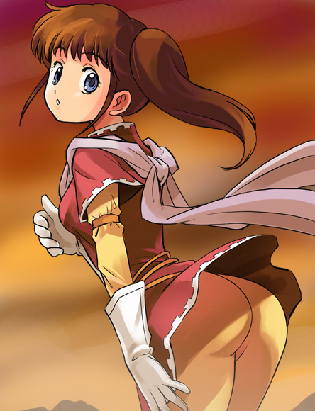 1girl anna_stephanie aoki_ryuusei_spt_layzner armlet ass brown_hair clothes_lift dress dress_lift female_focus gloves haruyama_kazunori holding holding_unworn_clothes holding_unworn_dress jewelry no_panties pantyhose pink_scarf ponytail red_dress scarf short_dress solo thighs white_gloves yellow_pantyhose yellow_sleeves