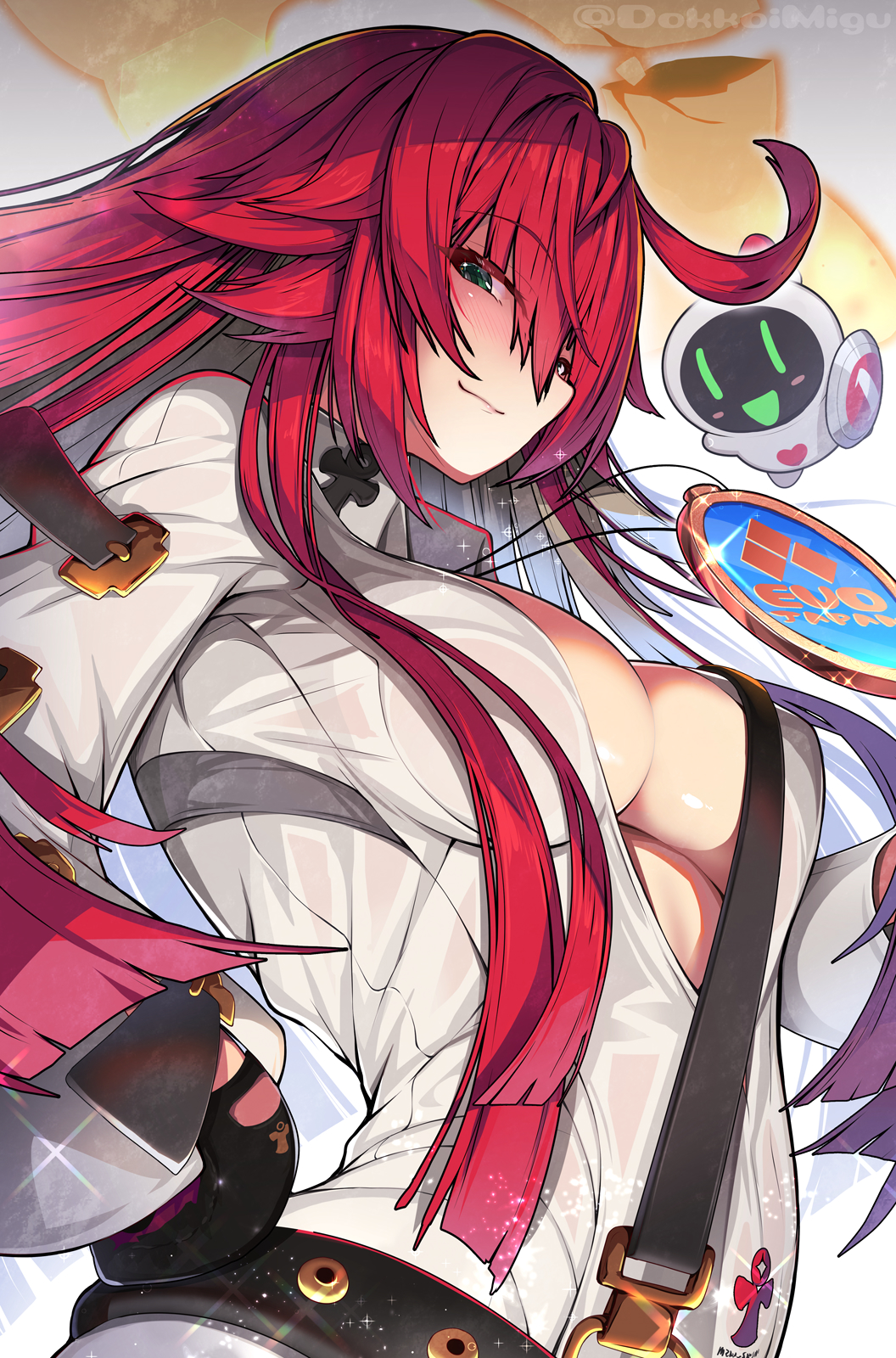 1girl 1other ahoge ankh_print belt black_belt black_gloves black_straps blush breasts broken_halo closed_mouth collared_shirt colored_inner_hair commentary_request contrapposto evolution_championship_series from_below front_slit gloves glowing green_eyes grey_hair guilty_gear hair_between_eyes halo hand_on_own_hip highres jack-o&#039;_valentine jewelry large_breasts long_hair long_sleeves looking_at_viewer looking_down migumigu multicolored_gloves multicolored_hair necklace open_clothes open_shirt pointy_hair red_gloves red_hair robot shirt smile solo sparkle too_many too_many_belts twitter_username two-tone_gloves two-tone_hair watermark white_background white_shirt white_sleeves wide_sleeves yellow_halo