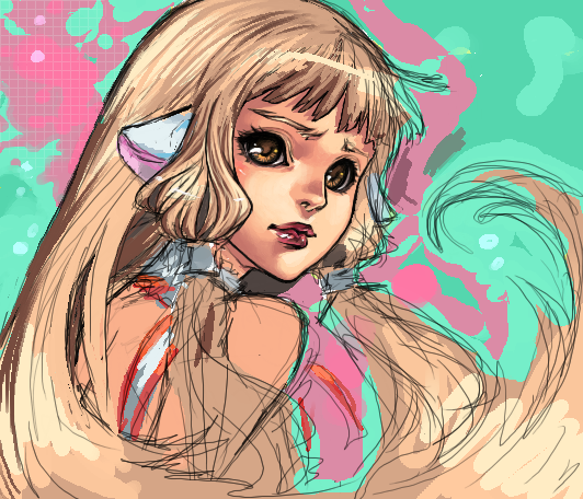 00s 1girl bad_deviantart_id bad_id blonde_hair brown_eyes chii chobits choker female_focus from_behind kasia_nie lips long_hair looking_back oekaki portrait robot_ears sidelocks solo very_long_hair