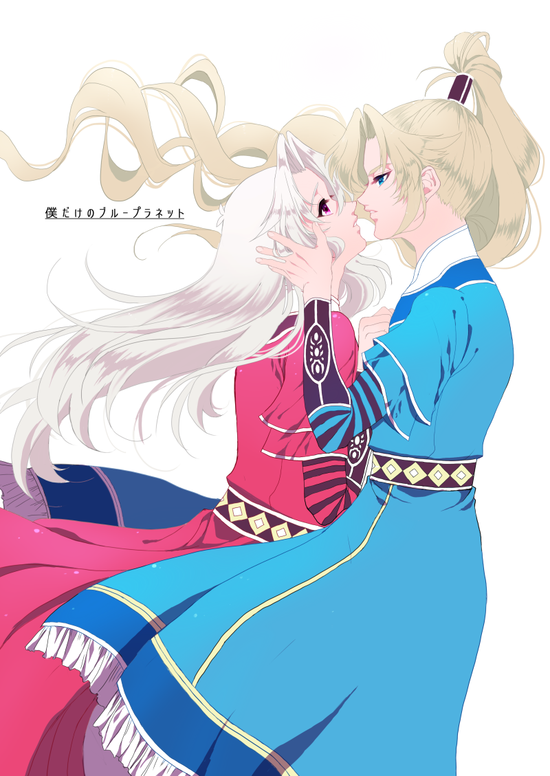 2boys androgynous blonde_hair blue_(saga_frontier) blue_eyes commentary_request hair_ornament headpiece jewelry long_hair male_focus multiple_boys ponytail rouge_(saga_frontier) saga saga_frontier siblings twins white_hair