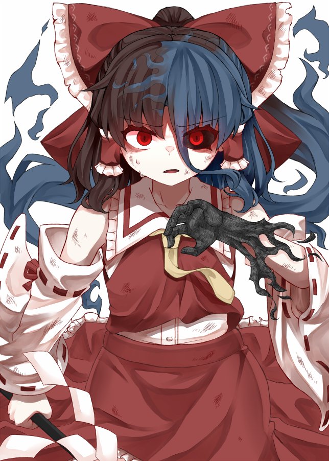 1girl bare_shoulders black_hair black_sclera blue_hair bow collared_shirt colored_sclera commentary_request corruption cowboy_shot dark_persona detached_sleeves foul_detective_satori frilled_bow frilled_hair_tubes frilled_shirt_collar frills gohei hair_bow hair_tubes hakurei_reimu hakurei_reimu_(vengeful_spirit) hand_up holding holding_gohei long_hair long_sleeves looking_at_viewer miyadeguchi_mizuchi multicolored_hair necktie possessed possession red_bow red_eyes red_ribbon red_skirt red_vest ribbon ribbon-trimmed_sleeves ribbon_trim shirt skirt sleeveless sleeveless_shirt solo touhou two-tone_hair v-shaped_eyebrows vest white_background white_shirt white_sleeves wide_sleeves yellow_necktie zetsumame