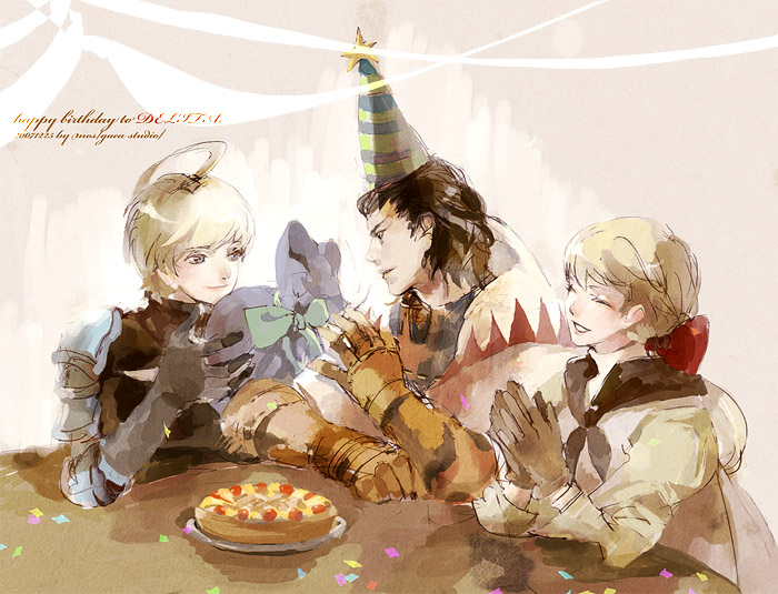 1girl 2boys ^_^ ^o^ ahoge alma_beoulve armor beige_background birthday blonde_hair brown_hair cake cape closed_eyes delita_heiral closed_eyes final_fantasy final_fantasy_tactics fingerless_gloves food gauntlets gift gloves hat jacket long_sleeves mos multiple_boys party_hat ramza_beoulve ribbon sack shoulder_pads simple_background sitting star_(symbol) table upper_body