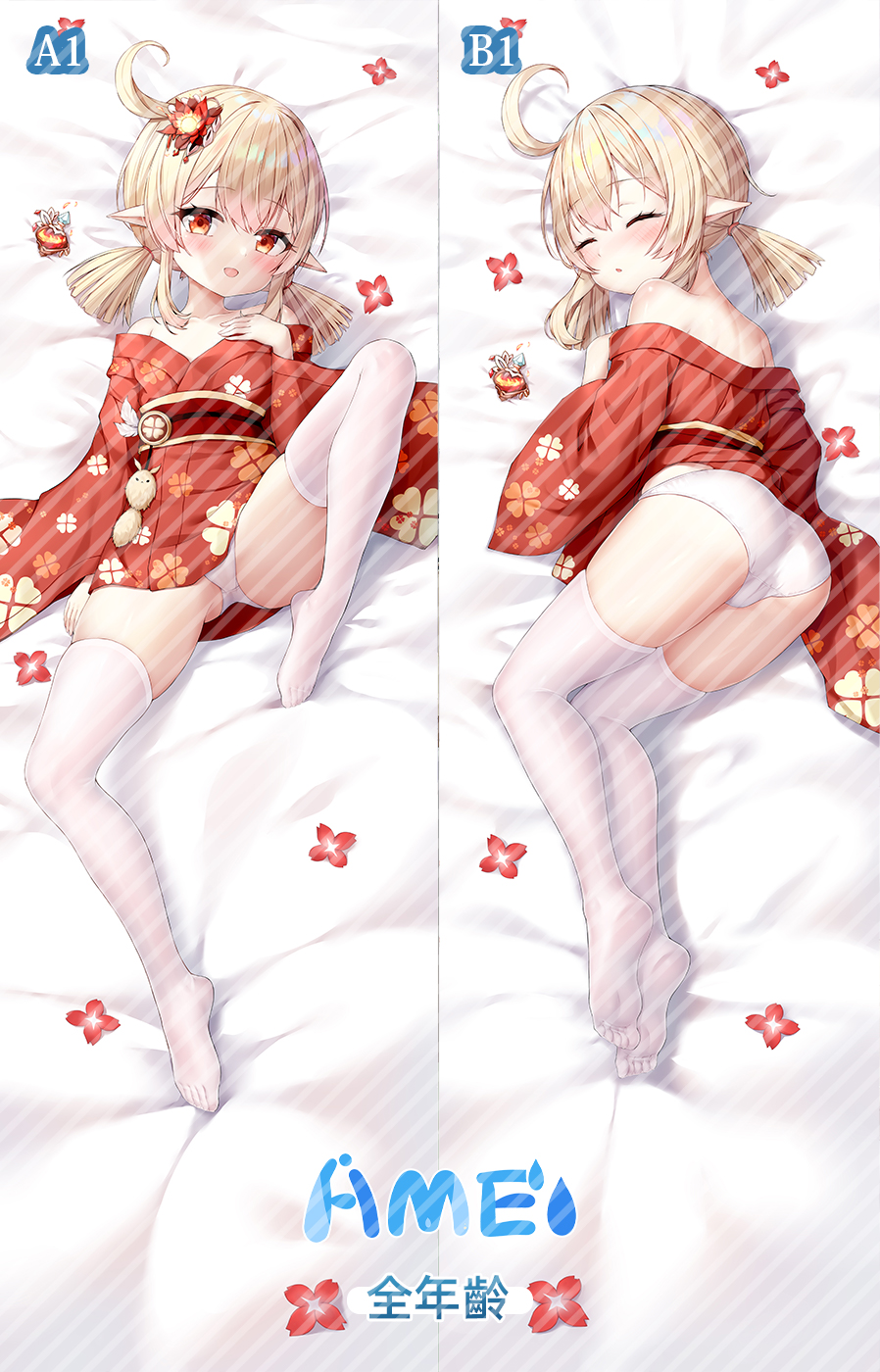 1girl :d ahoge alternate_costume artist_name ass bare_shoulders bed bed_sheet collarbone commentary_request contemporary dakimakura_(medium) full_body genshin_impact hair_between_eyes hair_ornament highres japanese_clothes jumpy_dumpty kimono klee_(genshin_impact) knee_up light_smile long_hair long_sleeves looking_at_viewer low_twintails lying obi obiage on_back on_side open_mouth orange_eyes panties pantyshot parted_lips pointy_ears sash short_kimono short_yukata sidelocks sleeping smile strapless thighhighs twintails underwear white_panties white_thighhighs wide_sleeves yukata yutian_alice zettai_ryouiki