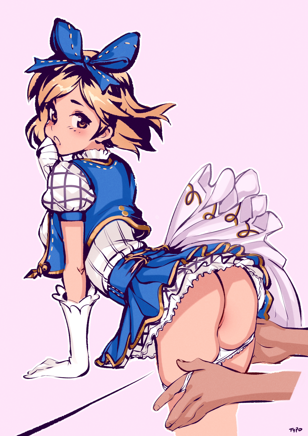 10s 1girl arm_support ass bad_id bad_tumblr_id bent_over blonde_hair blush bow breasts brown_eyes clothes_lift djeeta_(granblue_fantasy) dress gloves granblue_fantasy hair_bow hair_ribbon highres kimi_to_boku_no_mirai looking_back medium_breasts open_mouth optionaltypo panties panty_pull partially_visible_vulva puffy_short_sleeves puffy_sleeves pulling_another&#039;s_clothes ribbon short_hair short_sleeves simple_background sketch skirt skirt_lift solo_focus superstar_(granblue_fantasy) underwear undressing white_gloves white_panties