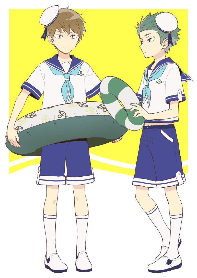 2boys 7100potechi anchor_symbol arafune_tetsuji bare_arms blue_neckerchief blue_shorts brown_hair full_body green_hair hat holding innertube kneehighs long_sleeves looking_at_viewer looking_away male_focus midriff_peek multiple_boys murakami_kou neckerchief sailor_collar sailor_hat shoes short_hair short_sleeves shorts socks spiked_hair standing swim_ring white_footwear white_headwear white_legwear world_trigger yellow_background