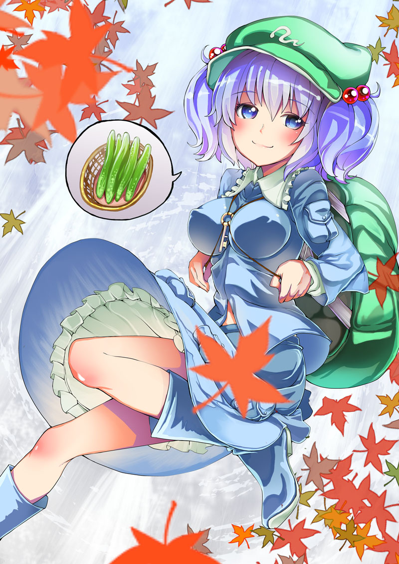 1girl backpack bag blue_eyes blue_hair boots breasts cucumber covered_erect_nipples female_focus genbou2 hair_bobbles hair_ornament hat impossible_clothes impossible_shirt kawashiro_nitori key large_breasts leaf maple_leaf matching_hair/eyes randoseru rubber_boots shirt short_hair smile solo tamon_ketsuyuki touhou twintails two_side_up water waterfall