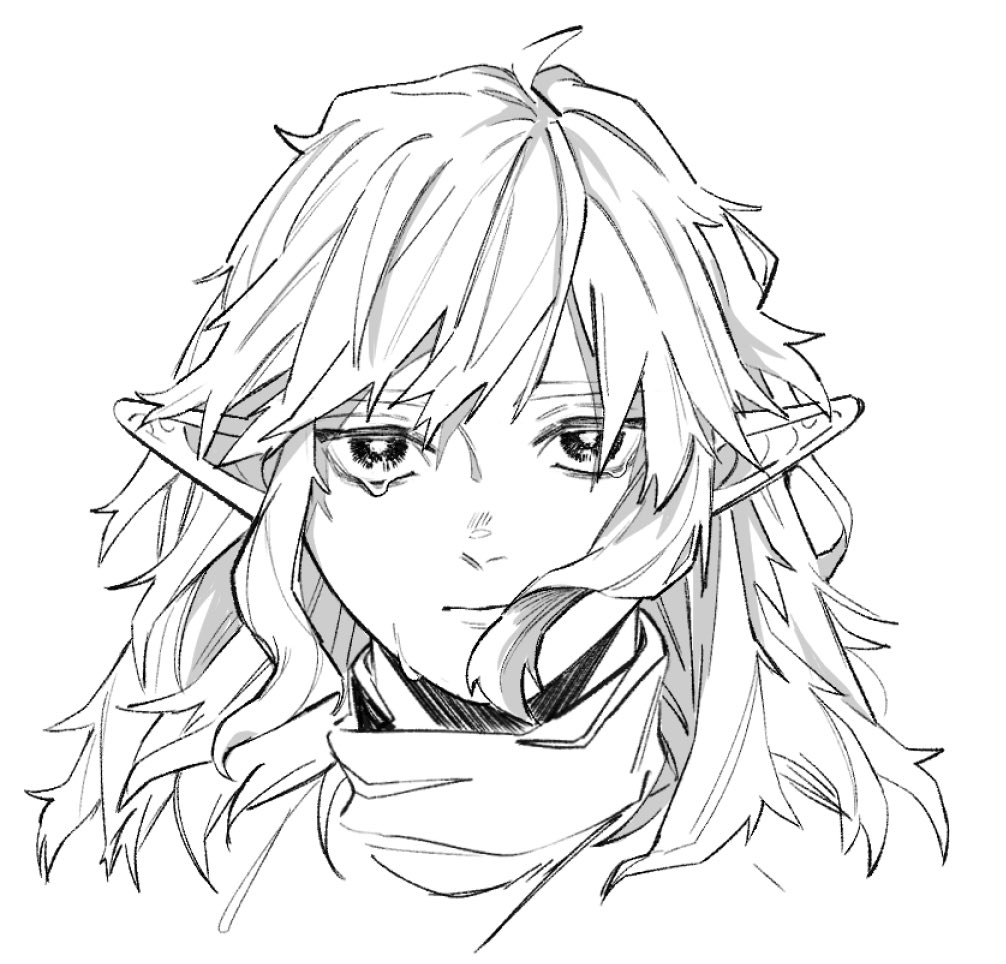 1boy bishounen closed_mouth commentary_request cropped_shoulders crying crying_with_eyes_open greyscale hair_between_eyes link long_pointy_ears looking_at_viewer male_focus messy_hair monochrome nintendo pointy_ears sanpaku shirt simple_background solo straight-on tearing_up tears teto_ten the_legend_of_zelda the_legend_of_zelda:_breath_of_the_wild white_background