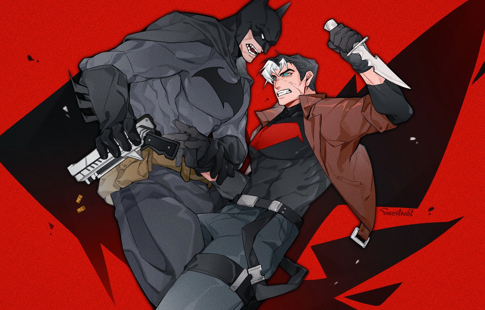 2boys bat_signal batman batman_(series) batman_symbol belt black_bodysuit black_cape black_gloves black_hair blossviaryl blue_eyes bodysuit brown_jacket bruce_wayne cape cowl dc_comics gloves grey_bodysuit highres holding jacket jason_todd male_focus mask multicolored_hair multiple_boys muscular muscular_male open_clothes pants pectorals red_hood_(dc) short_hair superhero_costume taut_bodysuit two-tone_bodysuit two-tone_hair utility_belt