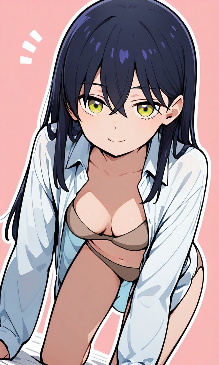 artist_request bad_link black_hair bra brown_bra brown_panties gundam gundam_gquuuuuux highres long_sleeves nyaan_(gundam_gquuuuuux) panties pink_background smile tagme underwear yellow_eyes