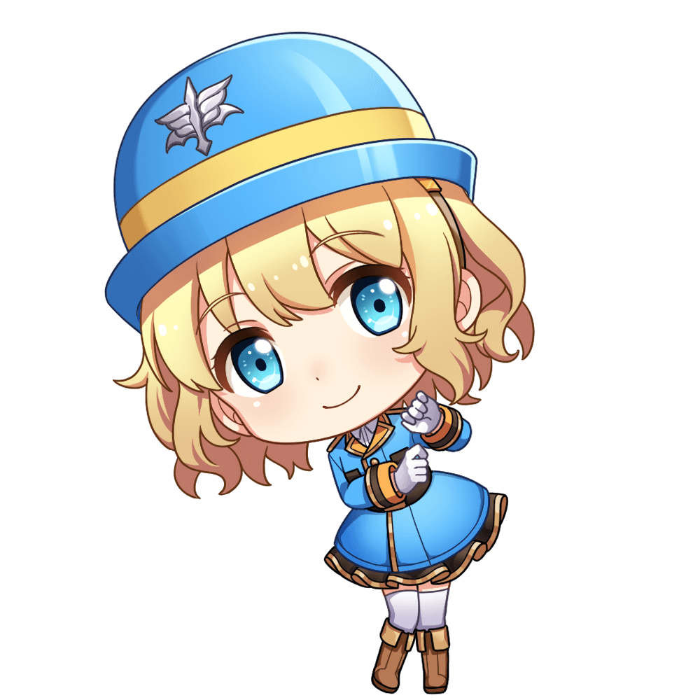 1girl aria_(vivid_army) blonde_hair blue_eyes blue_hat blue_skirt boots brown_boots chibi closed_mouth dot_nose full_body gloves hair_between_eyes hat long_sleeves looking_at_viewer military military_uniform official_art short_hair simple_background skirt smile solo standing thighhighs transparent_background vivid_army white_gloves white_thighhighs zettai_ryouiki