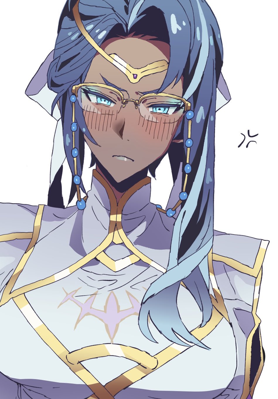1girl anger_vein aqua_eyes aqua_hair blue_hair blue_lips blush breasts circlet closed_mouth commentary_request dark-skinned_female dark_skin fire_emblem fire_emblem_heroes glasses gold_trim heimdallr_(fire_emblem) highres large_breasts lipstick long_hair looking_at_viewer makeup multicolored_hair nintendo simple_background solo tsujii_luki two-tone_hair white_background