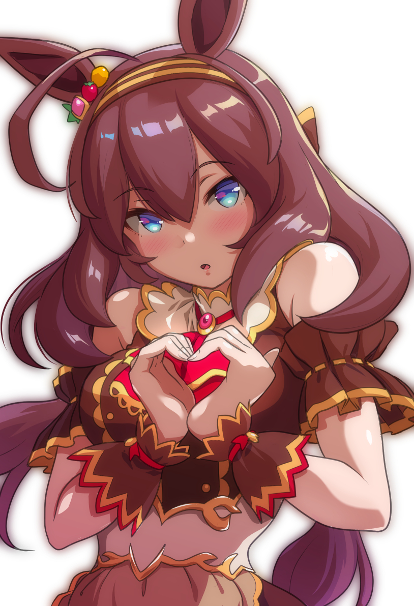 1girl ahoge animal_ears apron arm_garter ascot bare_shoulders blue_eyes blush brown_apron brown_dress brown_hair brown_hairband commentary_request detached_collar double-parted_bangs dress hair_between_eyes hairband heart heart_hands horse_ears kayama_kenji long_hair looking_at_viewer mihono_bourbon_(code:glassage)_(umamusume) mihono_bourbon_(umamusume) official_alternate_costume open_mouth raised_eyebrows red_ascot red_brooch simple_background solo surprised umamusume underbust upper_body white_background