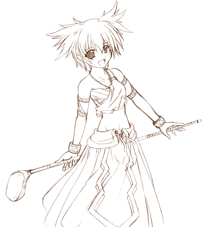 1girl female_focus golf_club happy lineart lola lola_(pangya) magatama monochrome pangya short_hair skirt solo yonekura_kihiro
