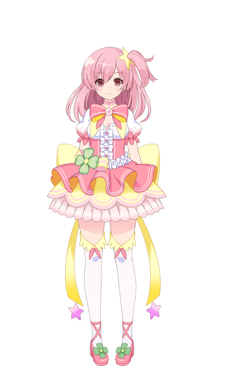 assault_lily bow bowtie dress frilled_dress frills game_cg highres hitotsuyanagi_riri long_hair magical_girl official_art pink_bow pink_bowtie pink_eyes pink_hair ribbon shoes smile star_ornament thighhighs white_thighhighs yellow_bow yellow_bowtie yellow_ribbon