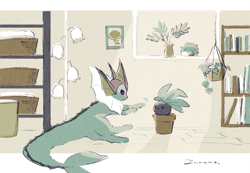 blue_skin bookshelf colored_skin gen_1_pokemon indoors nintendo no_humans oddish plant pokemon pokemon_(creature) potted_plant signature tail vaporeon yurano_(upao)