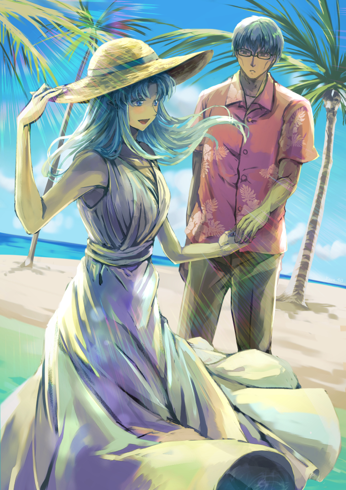 1boy 1girl :d alternate_costume beach black_hair blue_eyes blue_hair blue_sky brown_pants cloud commentary_request couple day dress fate/stay_night fate_(series) glasses hat head_in_hand kara413 kuzuki_souichirou long_hair medea_(caster)_(fate) medea_(fate) ocean open_mouth palm_tree pants pink_shirt shirt sky sleeveless sleeveless_dress smile sun_hat tree white_dress