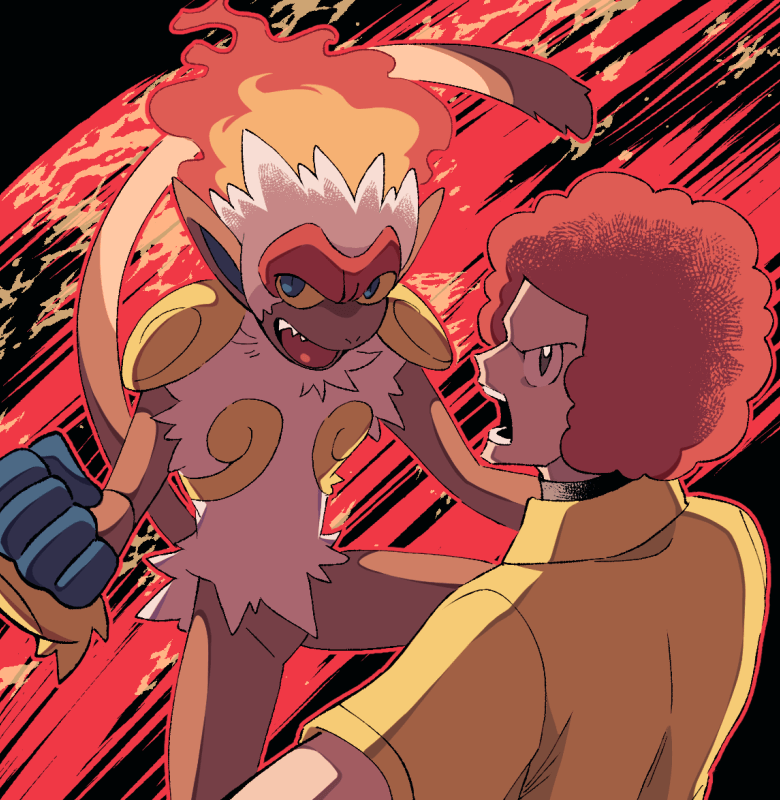 1boy afro black_eyes blue_eyes commentary_request flint_(pokemon) gen_4_pokemon infernape looking_at_viewer male_focus minashirazu nintendo open_mouth pokemon pokemon_(creature) pokemon_dppt red_hair sharp_teeth shirt short_sleeves simple_background tail teeth yellow_shirt