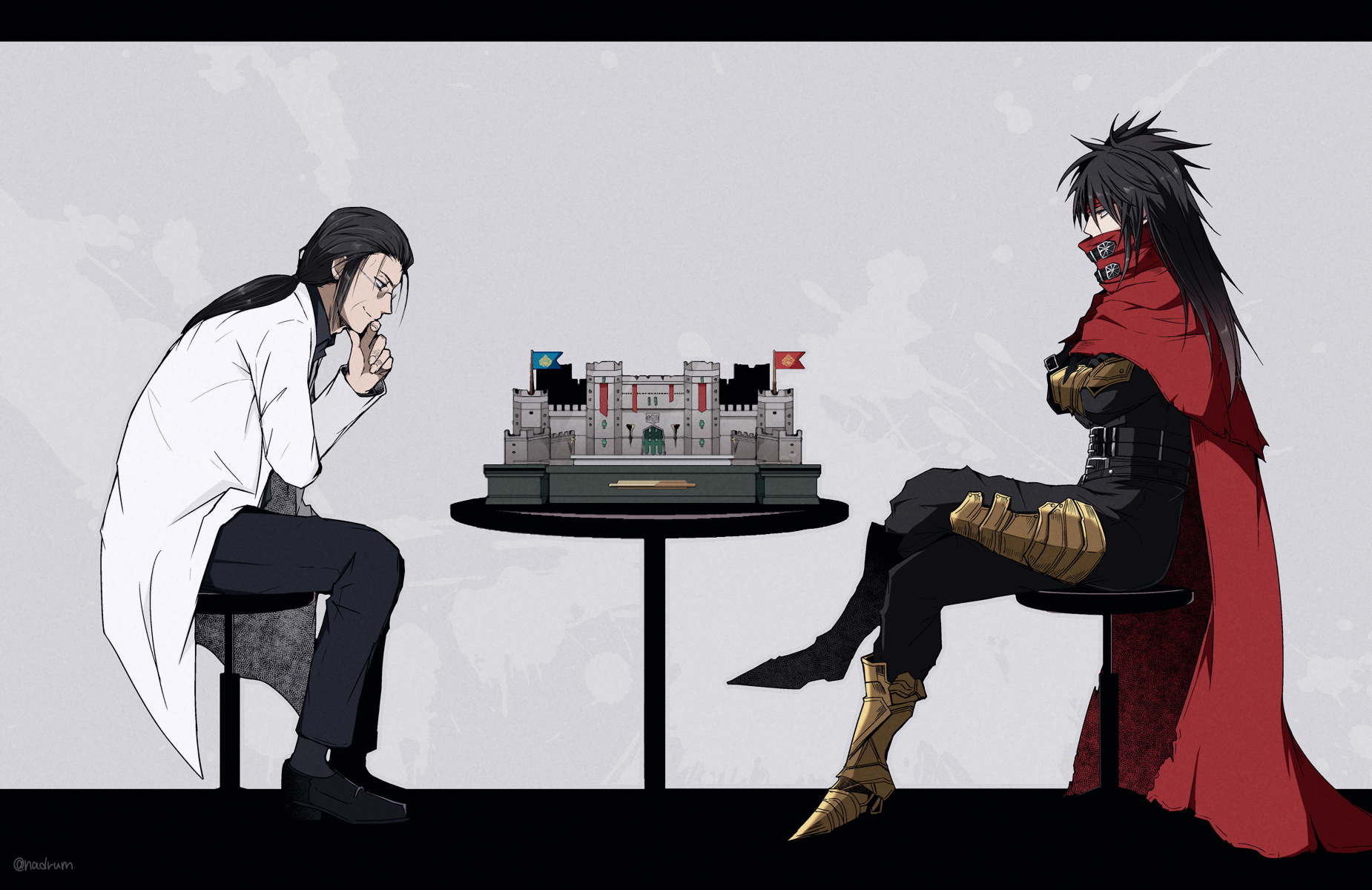 2boys armor cloak crossed_arms crossed_legs final_fantasy final_fantasy_vii final_fantasy_vii_rebirth final_fantasy_vii_remake glasses gold_armor hand_on_own_chin headband highres lab_coat long_hair looking_at_another multiple_boys nanao_(zonzonsh) on_stool ponytail professor_houjou queen&#039;s_blood red_cloak red_headband smile spiked_hair stool table vincent_valentine