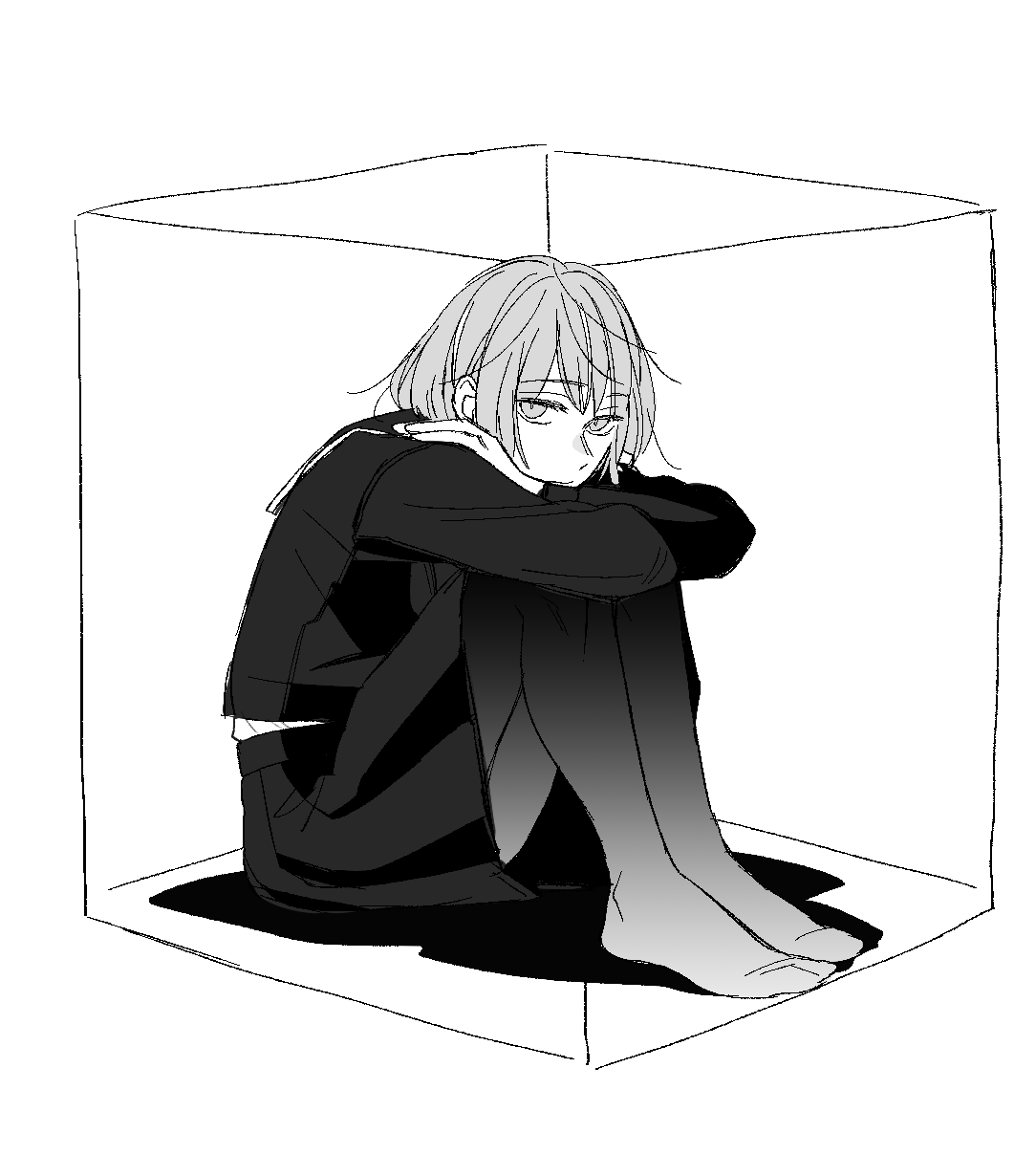 1girl commentary_request encasement full_body greyscale highres hugging_own_legs looking_at_viewer monochrome no_shoes original pantyhose school_uniform serafuku shibakou sitting solo