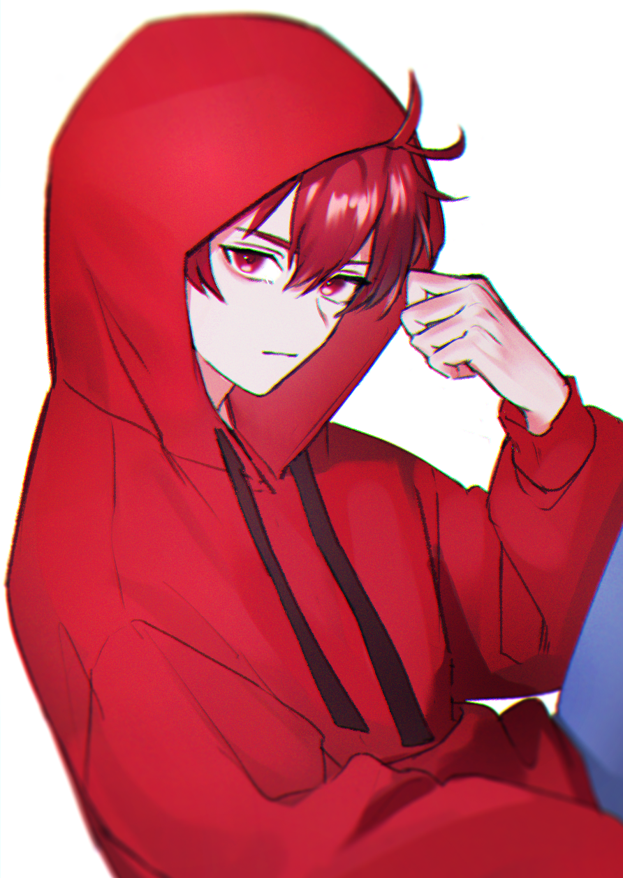 1boy :/ denim highres hood hood_up hoodie jeans long_sleeves looking_at_viewer male_focus nyamnyam0502 pants paradox_live red_eyes red_hair red_hoodie short_hair solo sugasano_allen white_background