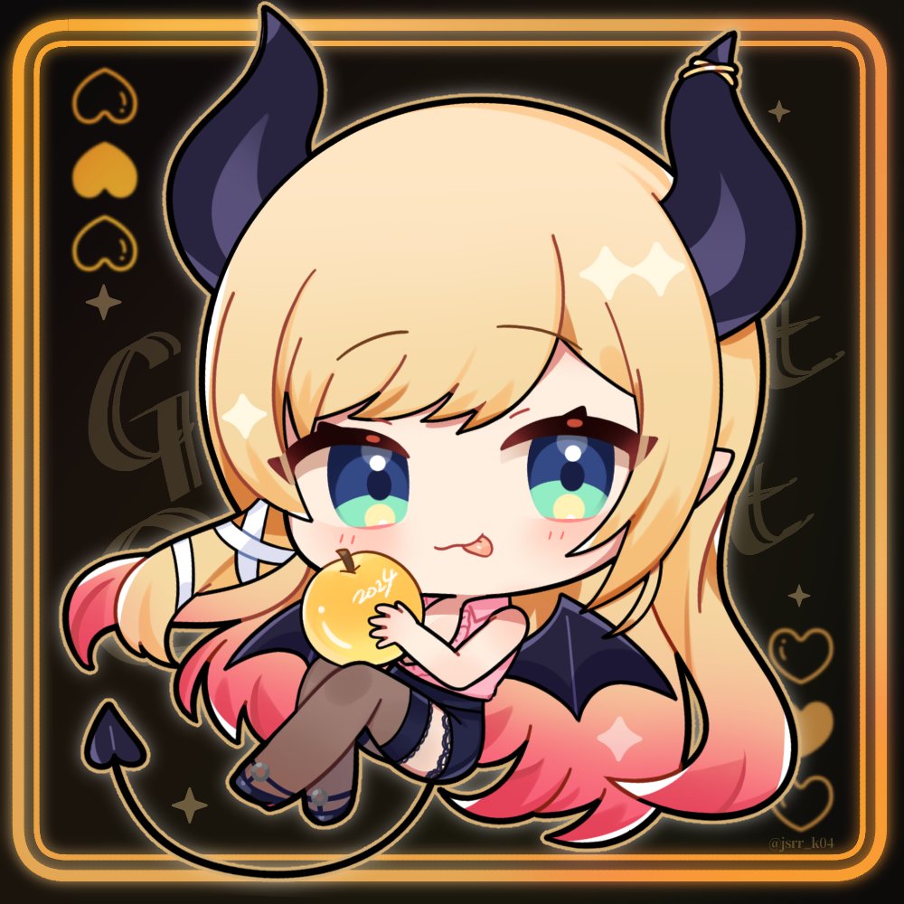 1girl :p apple bare_arms bare_shoulders black_background black_horns black_shoes black_skirt blonde_hair blush border brown_thighhighs chibi chibi_only closed_mouth commentary_request demon_girl demon_horns demon_tail food fruit full_body holding holding_food holding_fruit hololive horns kashiwase_karune long_hair looking_at_viewer pink_shirt pointy_ears shirt shoes skirt sleeveless sleeveless_shirt smile solo tail thighhighs tongue tongue_out very_long_hair virtual_youtuber yellow_border yuzuki_choco