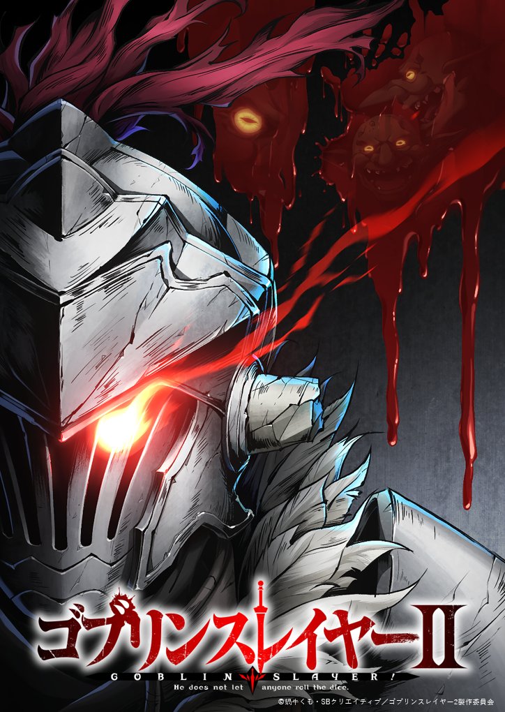 1boy armor blood blood_splatter broken_horn colored_skin copyright_name eye_trail fur_trim goblin goblin_slayer goblin_slayer! green_skin grey_background grey_helmet helmet horns key_visual light_trail official_art portrait promotional_art shoulder_armor