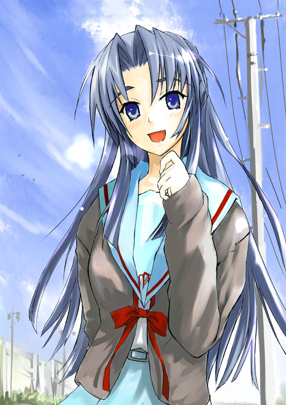 00s 1girl asakura_ryoko bad_id bad_pixiv_id blue_eyes blue_hair cardigan female_focus funeral_(artist) funeral_(pixiv_471657) long_hair matching_hair/eyes power_lines school_uniform serafuku solo sumisi suzumiya_haruhi_no_yuuutsu utility_pole