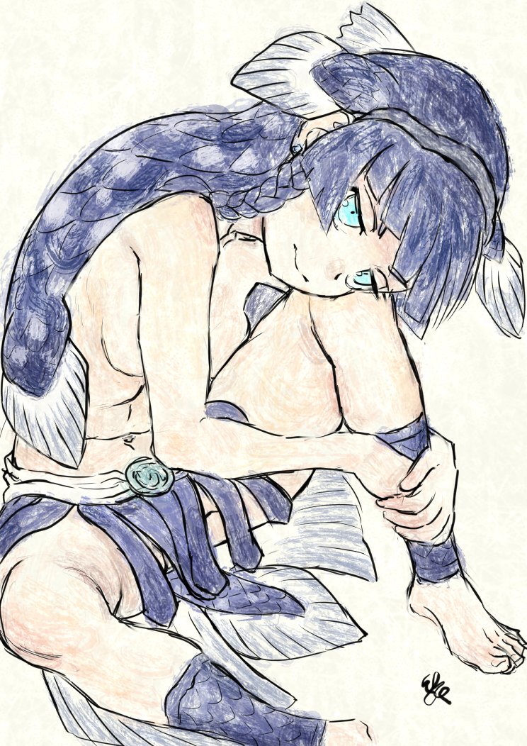 1girl anklet barefoot blue_eyes blue_hair braid braided_sidelock breasts closed_mouth coelacanth_(kemono_friends) convenient_arm dark_blue_hair earrings fins hands_on_own_leg head_fins head_on_knee head_rest jewelry kemono_friends kemono_friends_3 kishida_shiki knee_up leaning_forward long_hair looking_at_viewer medium_breasts multicolored_hair navel sitting sketch skirt solo spread_legs stomach toenails toes topless_female very_long_hair
